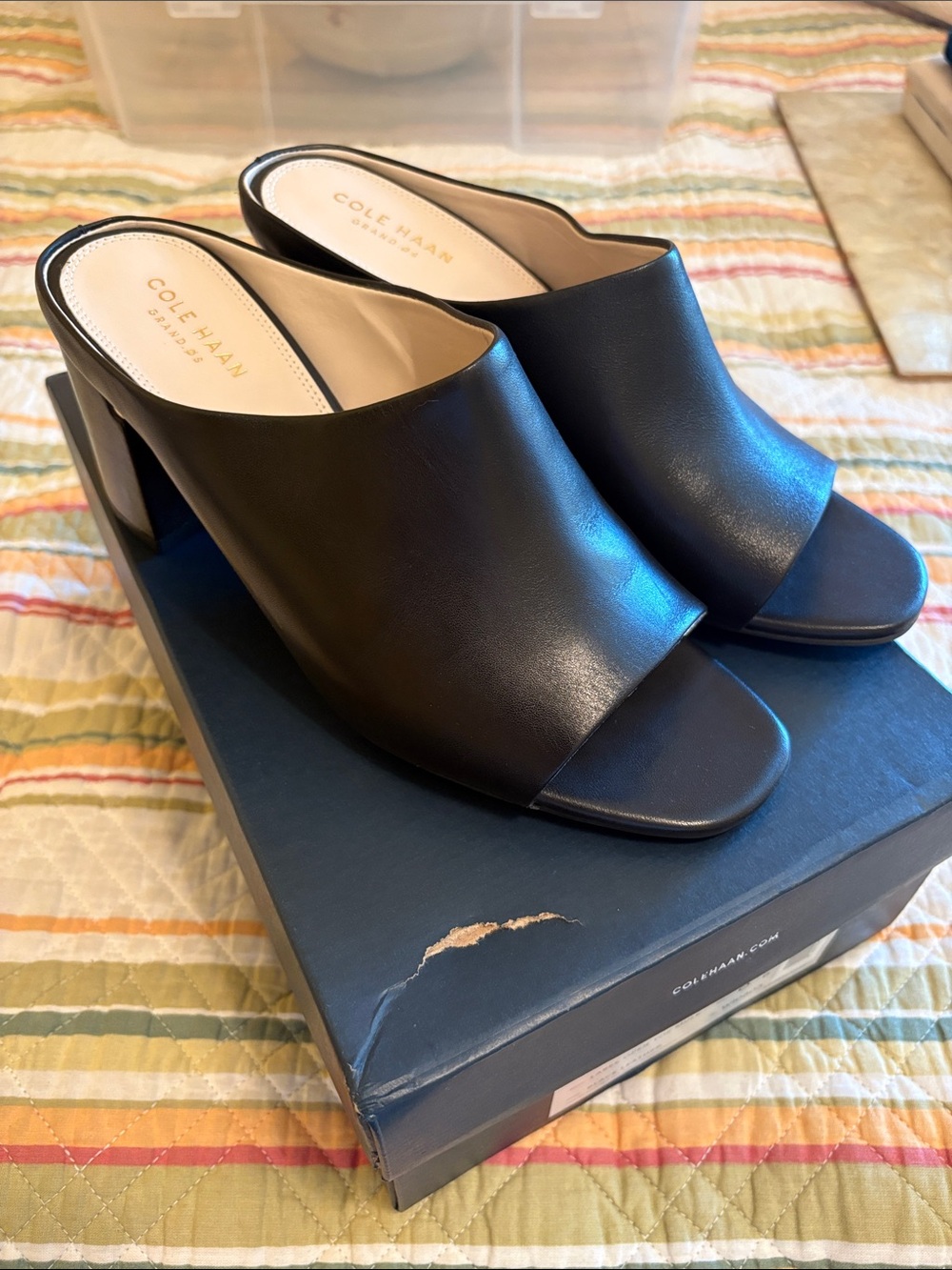 Cole Haan Laree Black Leather Open-Toe Mule block heel 8